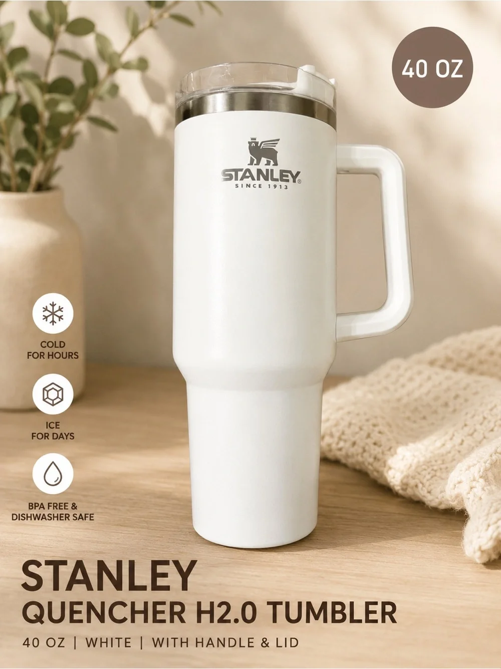 Stanley White 40 oz Travel Tumbler with Handle - Picture 1 of 6